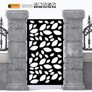 Op de afbeelding: Zwarte metalen poort met een uitgestanste bladmotief. De poort wordt geflankeerd door twee stenen pilaren. De poort is een digitale download beschikbaar in AI, SVG, PDF, DXF en ZIP-bestandsformaten.