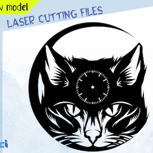 May include: Black and white silhouette of a cat's face with a clock face in the center of the cat's eyes.  The image is a laser cutting file.