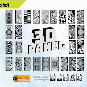 Puede incluir: Un conjunto de 20 archivos digitales descargables para diseños de paneles 3D. Los diseños presentan patrones geométricos con un efecto 3D. Los tipos de archivos incluidos son AI, SVG, PDF, DXF y ZIP.