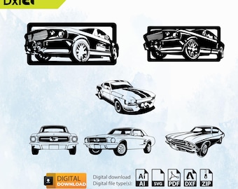 May include: Five black and white silhouette images of classic American muscle cars. The cars are in various poses, including side view, front view, and rear view. The images are suitable for use in crafts, scrapbooking, or digital design projects.