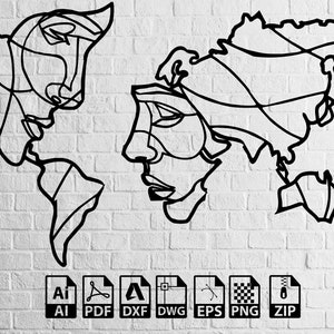 Mapas del mundo Cara Decoración Diseño Campo Mapa del mundo Decoración Corte láser, Svg, Dxf, WallArt, Corte CNC, Enrutador CNC, Digital, Archivos vectoriales