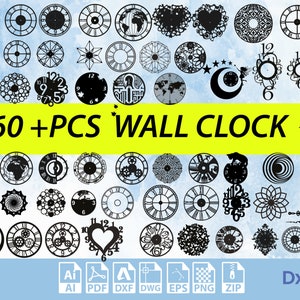 Puede incluir: Una colección de más de 60 diseños de esferas de reloj en blanco y negro para relojes de pared. Los diseños incluyen varias formas, patrones y estilos, como estrellas, corazones, engranajes y mapas del mundo. La imagen también incluye el texto "60+PCS WALL CLOCK" e iconos de formato de archivo para AI, PDF, DXF, DWG, EPS, PNG y ZIP.