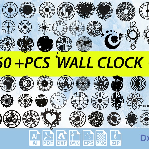60+ pezzi di orologi modelli bundle orologi Svg orologio da parete Dxf, modelli di orologi decorazioni da parete orologi file DXF per pezzi di file tagliati al laser pacchetto grande in formato Svg