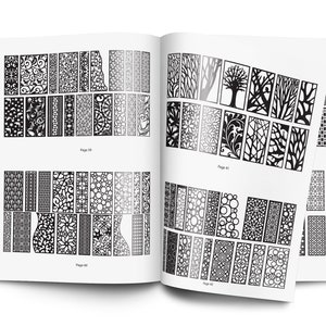May include: A book with black and white illustrations of different patterns and designs. The book is open to pages 59 and 61, showing a variety of geometric, floral, and abstract patterns. The book is titled "Page 59" and "Page 61".
