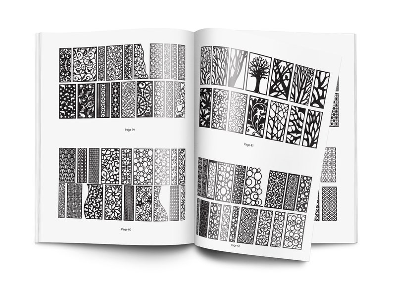 May include: A book with black and white illustrations of different patterns and designs. The book is open to pages 59 and 61, showing a variety of geometric, floral, and abstract patterns. The book is titled "Page 59" and "Page 61".