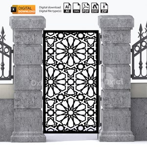 May include: Black metal gate with a geometric pattern, framed by two stone pillars and black metal fences on either side. Digital download files included: AI, SVG, PDF, DXF, ZIP.