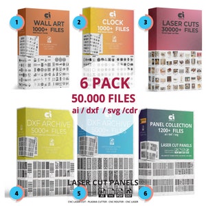 Op de afbeelding: Zes-pack bundel met lasergesneden bestanden voor knutselprojecten. Bevat wandkunst, klokken, lasersnijdingen, DXF-archief en paneelcollecties. In totaal 50.000 bestanden in de formaten AI, DXF, SVG en CDR.