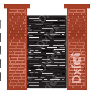 Pu&ograve; includere: Un'illustrazione digitale di un design di cancello con due pilastri in mattoni e un cancello in metallo nero con linee bianche orizzontali. Il cancello &egrave; un design semplice con un aspetto moderno.