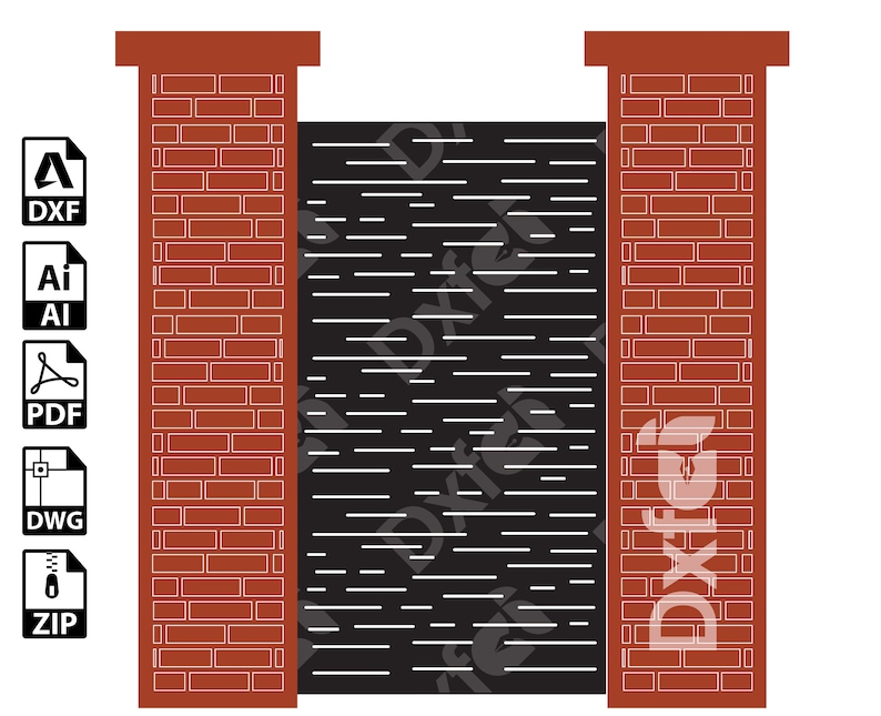 Pu&ograve; includere: Un'illustrazione digitale di un design di cancello con due pilastri in mattoni e un cancello in metallo nero con linee bianche orizzontali. Il cancello &egrave; un design semplice con un aspetto moderno.
