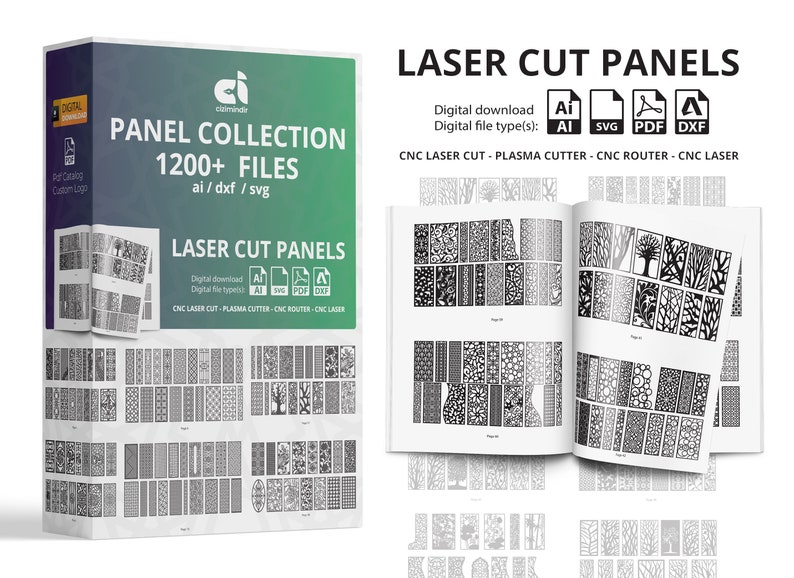 May include: A digital download product for laser cut panels. The product includes 1200+ files in AI, DXF, and SVG formats. The image shows a variety of designs for laser cut panels, including geometric patterns, floral designs, and abstract shapes. The product is suitable for use with CNC laser cutters, plasma cutters, CNC routers, and CNC lasers.
