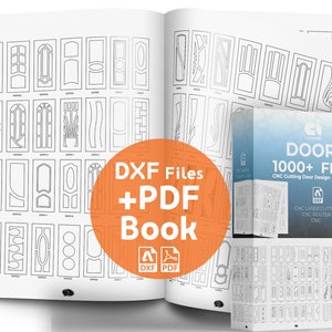 以下が含まれることがあります： 白い背景の開いた本で、1000以上のCNC切断ドアのデザインのコレクションが示されています。本の表紙は青と白で、「DOORS 1000+ FILES CNC Cutting Door Design」というテキストが書かれています。この本は「DXF Files + PDF Book」というタイトルで、DXFとPDFのアイコンが含まれています。