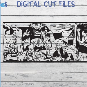 May include: Black and white line art illustration of a famous painting by Pablo Picasso, "Guernica". The painting depicts a scene of war and violence with figures of people, animals, and objects.