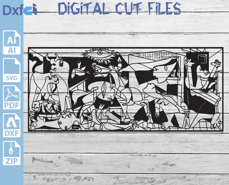 May include: Black and white line art illustration of a famous painting by Pablo Picasso, "Guernica". The painting depicts a scene of war and violence with figures of people, animals, and objects.