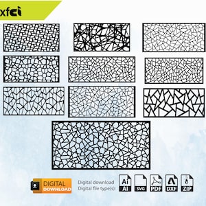 Może przedstawiać: Zestaw dziesięciu plików do pobrania cyfrowego z czarno-białymi wzorami geometrycznymi. Wzory składają się z małych, nieregularnych kształtów przypominających spękaną lub pękniętą powierzchnię. Pliki są dostępne w formatach AI, SVG, PDF, DXF i ZIP.
