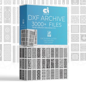 Pu&ograve; includere: Una scatola blu con il testo "DXF ARCHIVE 3000+ FILES" e "Panel collection Decorative Cnc". La scatola mostra un'anteprima di 30 diversi design CNC decorativi.