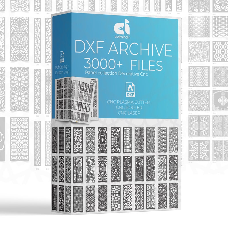 Pu&ograve; includere: Una scatola blu con il testo "DXF ARCHIVE 3000+ FILES" e "Panel collection Decorative Cnc". La scatola mostra un'anteprima di 30 diversi design CNC decorativi.