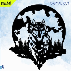May include: Black and white silhouette of a wolf howling at the moon. The wolf is standing in front of a forest with trees. The moon is full and round.  Digital cut files.