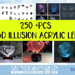 May include: A collection of 250+ 3D illusion acrylic LED designs. The designs include a heart, a globe, a skull, a cat, and a deer. The designs are available in AI, SVG, PDF, DXF, DWG, PNG, and ZIP formats.