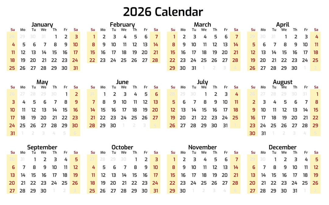 2026 Calendar Svg Pdf Book 2026 Calendar JPG, Calendar 2026