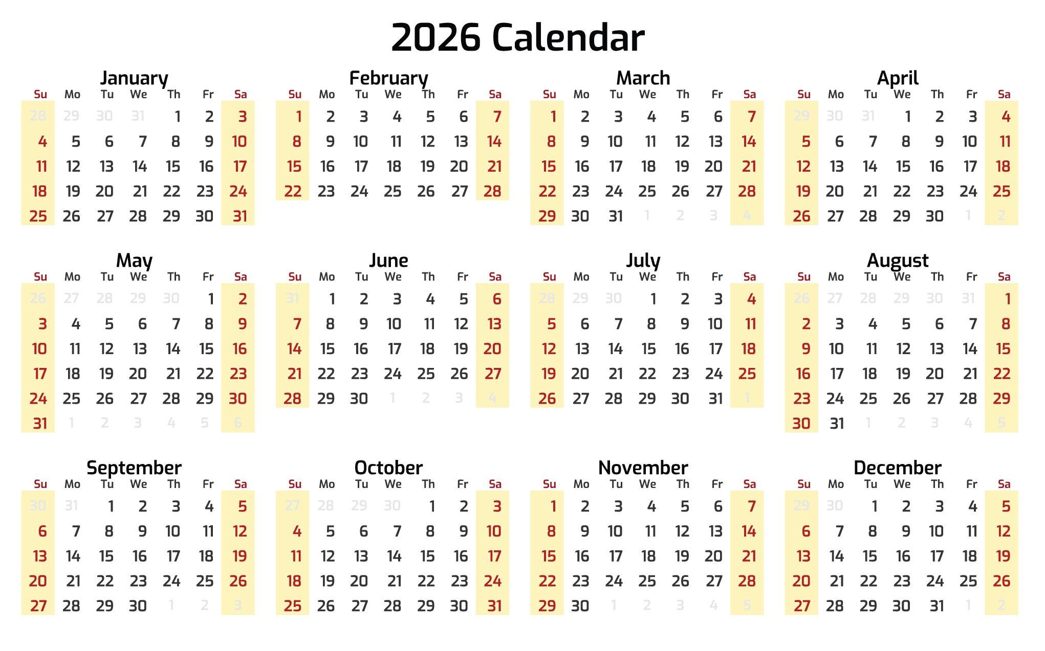 2026 Calendar Svg Pdf Book  2026 Calendar JPG, Calendar 2026, Transparent Background Clip Art, Printable Calendar, Sublimation Image,