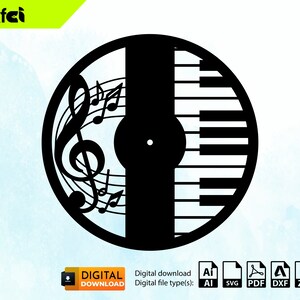 Puede incluir: Diseño de descarga digital en blanco y negro de un disco de música con una clave de sol y teclas de piano. Los tipos de archivos digitales incluyen AI, SVG, PDF, DXF y ZIP.