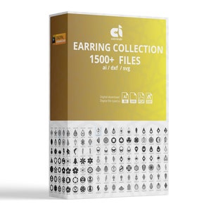 Könnte beinhalten: Eine digitale Download-Produktliste für eine Ohrring-Kollektion mit über 1500 Dateien. Das Bild zeigt eine Vorschau der Ohrring-Designs, die geometrisch und abstrakt sind. Die enthaltenen Dateitypen sind AI, SVG, PDF und DXF.