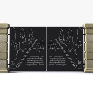May include: Black metal gate featuring a white outline design of a road and trees. The gate is set between stone pillars and decorative wrought iron fencing. The design suggests a garden or park entrance.
