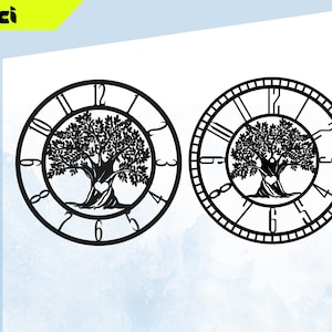 May include: Two black and white clock designs featuring a tree with a heart in the centre. The clock face is surrounded by a circle with Roman numerals.