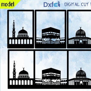 Pode incluir: Um conjunto de arquivos de corte digital de três designs de mesquitas em silhueta preta. Os designs incluem a Caaba, o Domo da Rocha e a Mesquita al-Haram. Os arquivos estão disponíveis nos formatos AI, SVG, PDF, DXF e ZIP.