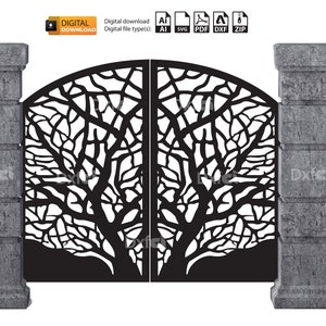 May include: Black metal gate with a tree branch design. The gate is flanked by two gray stone pillars.