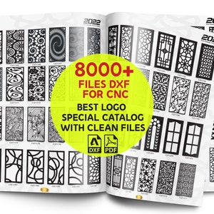 Pu&ograve; includere: Uno striscione giallo e rosso con il testo "8000+ FILE DXF PER CNC" e "MIGLIOR LOGO CATALOGO SPECIALE CON FILE PULITI". Lo striscione &egrave; sopra un libro con immagini in bianco e nero di diversi design. Il libro ha il testo "2022" sulla copertina.