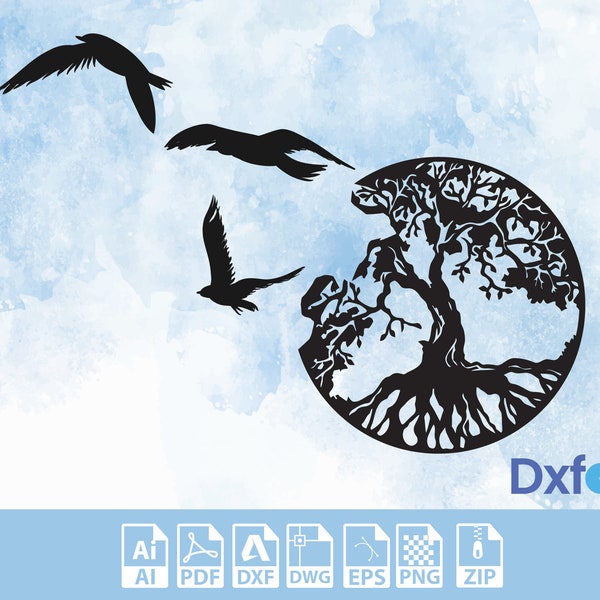Tree of Life Birds Flying, Tree Svg Laser Cut File Vector File download now Laser Cut Dxf Files