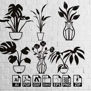 May include: A set of six black and white silhouette illustrations of potted plants and flowers. The illustrations include a potted monstera plant, a potted fern, a potted tulip bouquet, a potted bouquet of flowers, and two potted plants with large leaves.