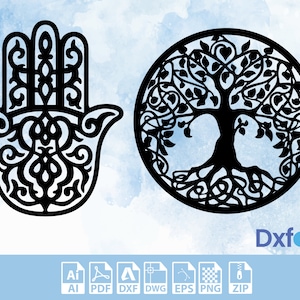 Hamsa, árbol de la vida STree Metal Wall Decor Art Dxf Svg Hamsa Wall Hangs Metal, Adorno de bendición, Auténtico, orientalista Mano de Fátima,