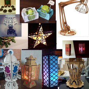 May include: Assortment of laser cut wooden lamps and lanterns in various styles and colors. Some feature intricate designs, while others have a more minimalist aesthetic. The lamps are illuminated with warm white LED lights, creating a cozy and inviting atmosphere.