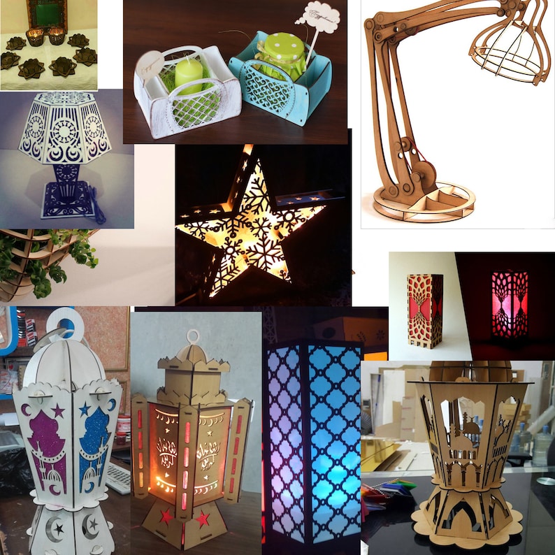 May include: Assortment of laser cut wooden lamps and lanterns in various styles and colors. Some feature intricate designs, while others have a more minimalist aesthetic. The lamps are illuminated with warm white LED lights, creating a cozy and inviting atmosphere.