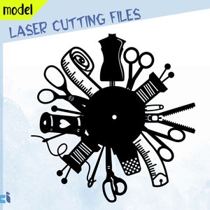 May include: Black and white silhouette of a sewing themed design. The design features a sewing machine, scissors, spools of thread, a measuring tape, and a dress form. The design is perfect for laser cutting.
