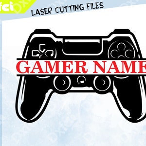 May include: Black and white graphic of a video game controller with the text "GAMER NAME" in red. The design is for laser cutting files, with file type icons for AI, SVG, PDF, DXF, and ZIP.