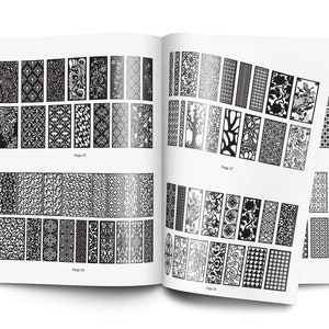 May include: An open book with black and white illustrations of various patterns. The book is titled "Page 25" on the left page and "Page 27" on the right page.
