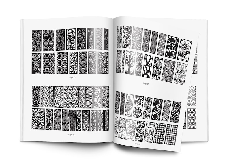 May include: An open book with black and white illustrations of various patterns. The book is titled "Page 25" on the left page and "Page 27" on the right page.