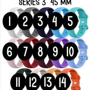 Puede incluir: Una colección de catorce correas para Google Pixel Watch Series 3, 45 mm, en varios colores. Las correas están numeradas del 1 al 14, con colores como blanco, gris, azul marino, azul, turquesa, rosa, rojo, burdeos, morado, azul claro, verde, blanquecino, amarillo-naranja y naranja.