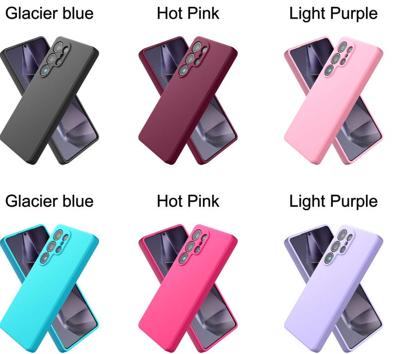 May include: A collection of six smartphone cases in various colors, including black, dark red, light pink, bright blue, hot pink, and light purple. Each case features a rectangular shape with a cutout for a multi-lens camera system on the back.