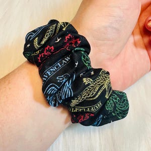 以下が含まれることがあります： ホグワーツの家の紋章がカラフルにプリントされた黒いシュシュ。紋章には、グリフィンドール、ハッフルパフ、スリザリン、レイブンクローが含まれています。