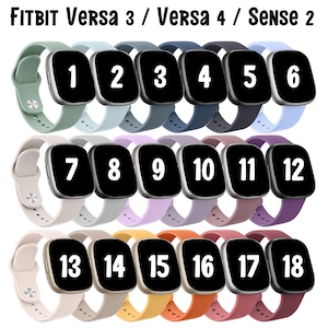 Pode incluir: Dezoito pulseiras de relógio de silicone de diferentes cores para os smartwatches Fitbit Versa 3, Versa 4 e Sense 2. As pulseiras são numeradas de 1 a 18.