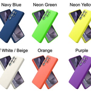 May include: Six smartphone cases in navy blue, neon green, neon yellow, off-white/beige, orange, and purple. Each case features a rectangular shape with a camera cutout array, shown in two overlapping positions to display the front and back views.