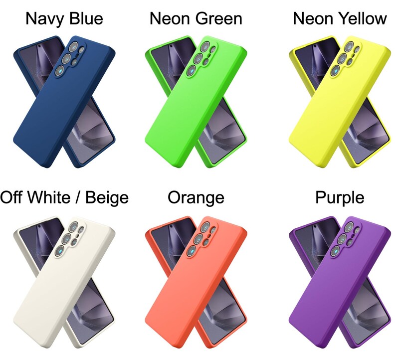 May include: Six smartphone cases in navy blue, neon green, neon yellow, off-white/beige, orange, and purple. Each case features a rectangular shape with a camera cutout array, shown in two overlapping positions to display the front and back views.