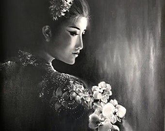 Asian portrait Japanese original portrait Original Oil Painting on unframed stretched Canvas 20"x16" Black & White painting Unique Wall Art