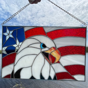 Stained Glass Bald Eagle within the USA flag Panel 17” X 11”