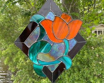 Beautiful Flower Stained Glass Panel Suncatcher