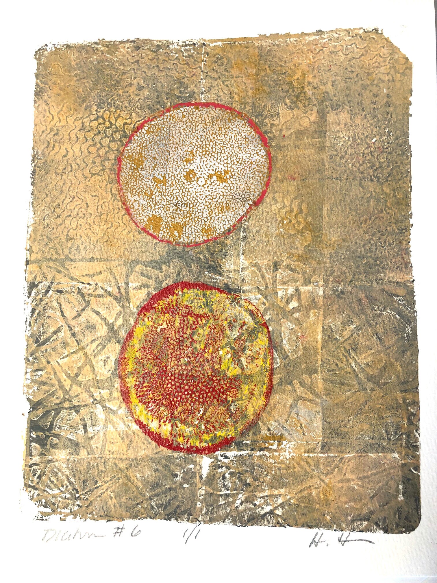Diatom Monotype Print: Microscopic Art, Ochre and Red Artwork